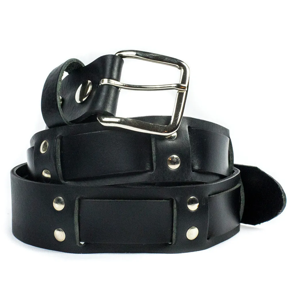 Black Leather Belt w/ Basket Weave Strap and Stud Detail