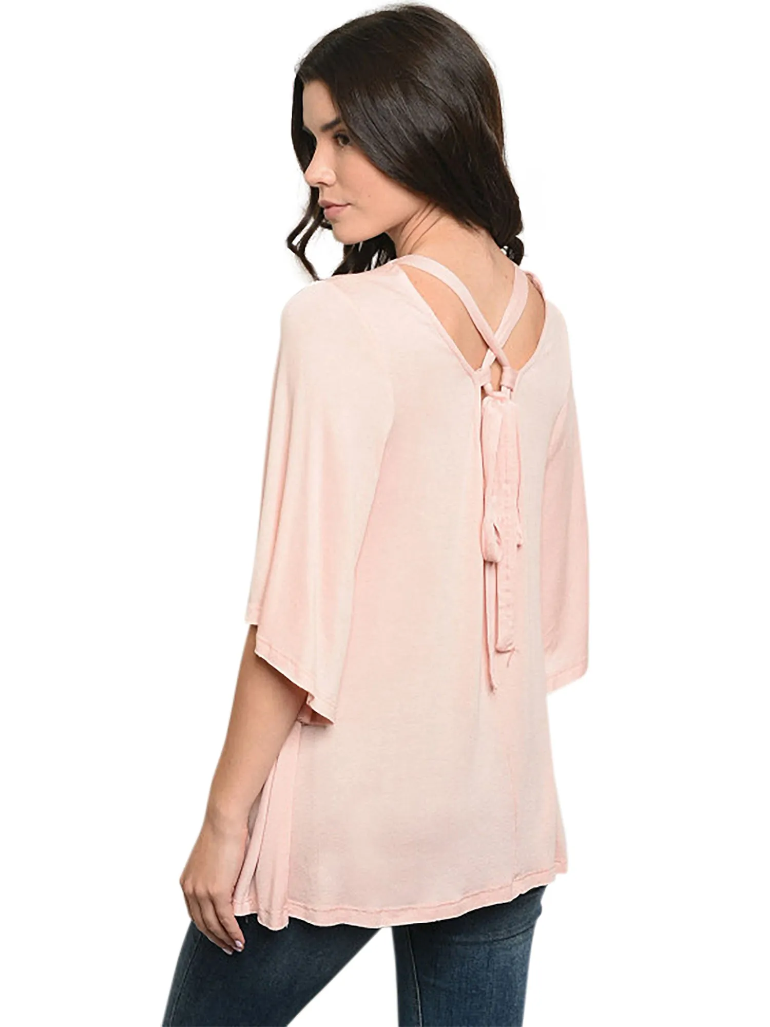 Blush Pink Womens Relaxed Fit Blouse Top With Crisscross Tie