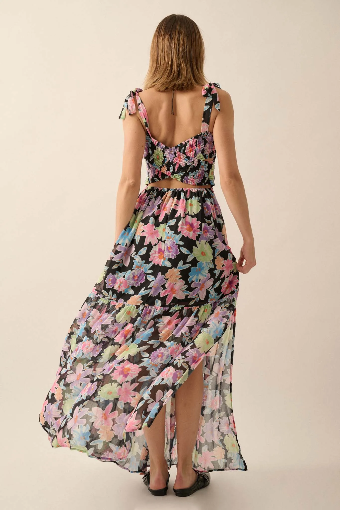 Bursting Blooms Smocked Floral Chiffon Maxi Dress