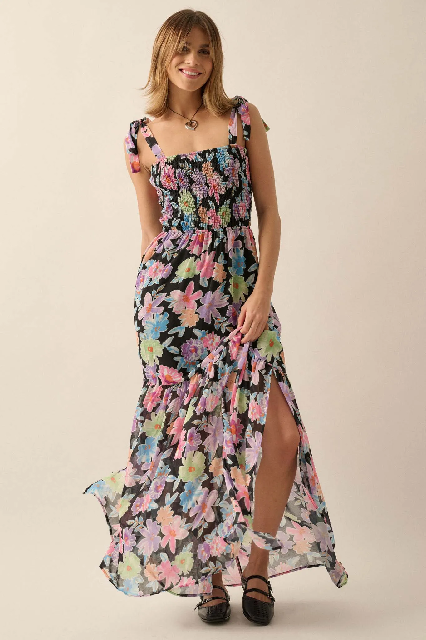 Bursting Blooms Smocked Floral Chiffon Maxi Dress