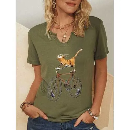 Cartoon Cat Bike Printed T-shirt