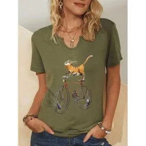 Cartoon Cat Bike Printed T-shirt