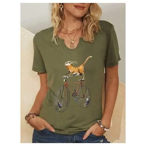 Cartoon Cat Bike Printed T-shirt