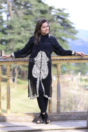 Charcoal Black Colour Georgette Kashmiri Aari Work Designer Tunics