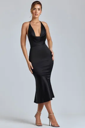 Cowl-Neck Satin Midaxi Dress in Black