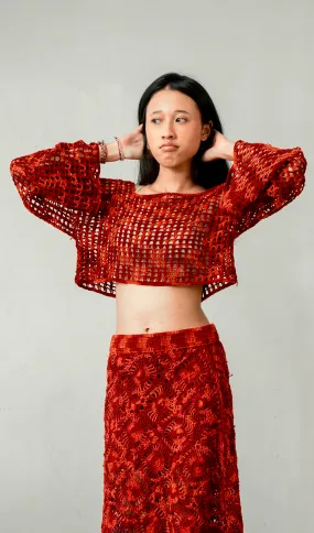 Crochet Cropped Sweater Cotton Red, 1 size