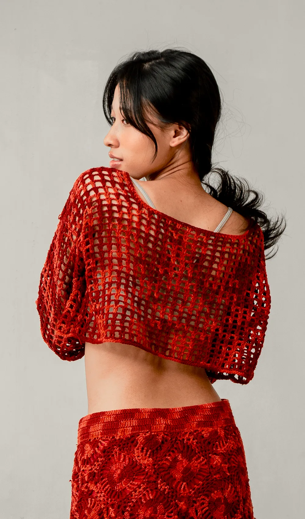 Crochet Cropped Sweater Cotton Red, 1 size