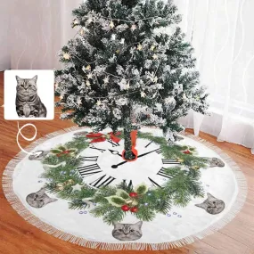 Custom Cat Face Garland Clock Christmas Tree Skirt With Tassel