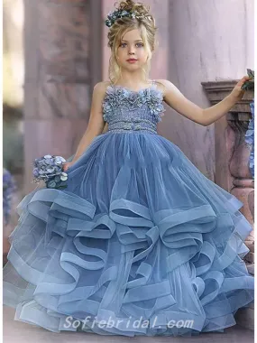 Cute Elegant Spaghetti Straps Tulle Beading Applique A-Line Flower Girl Dresses, FGS0033