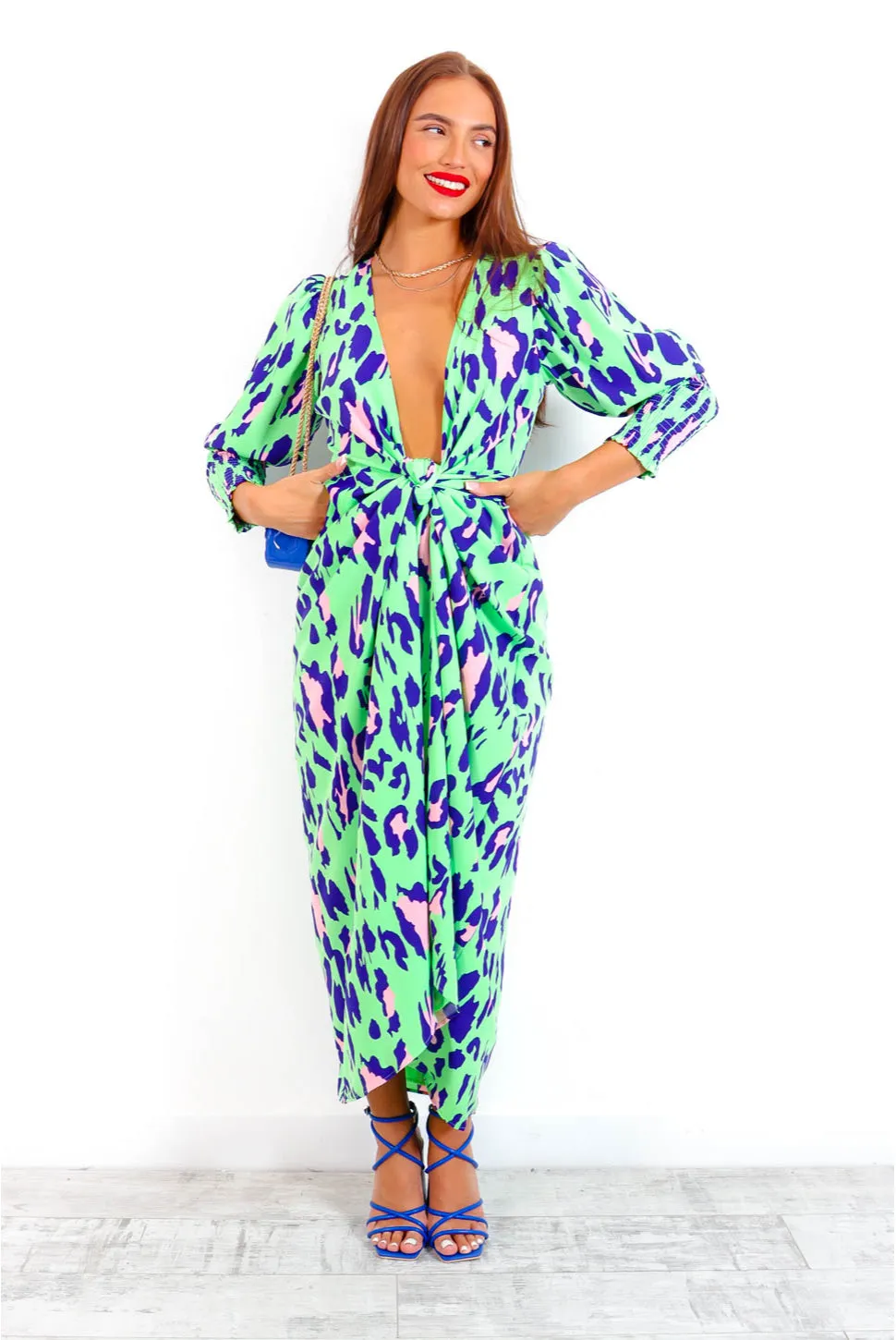 Drive Em Wild - Green Cobalt Leopard Midi Wrap Dress