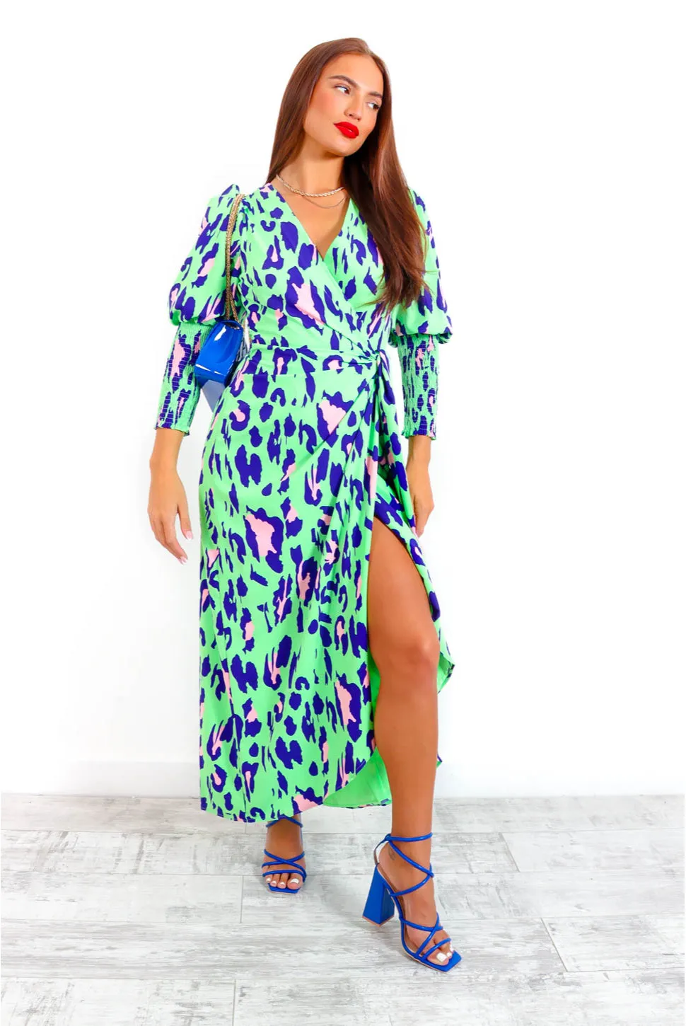 Drive Em Wild - Green Cobalt Leopard Midi Wrap Dress