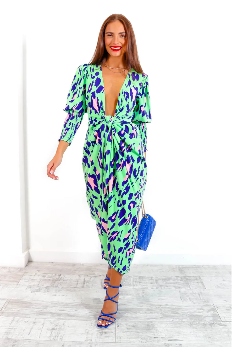 Drive Em Wild - Green Cobalt Leopard Midi Wrap Dress