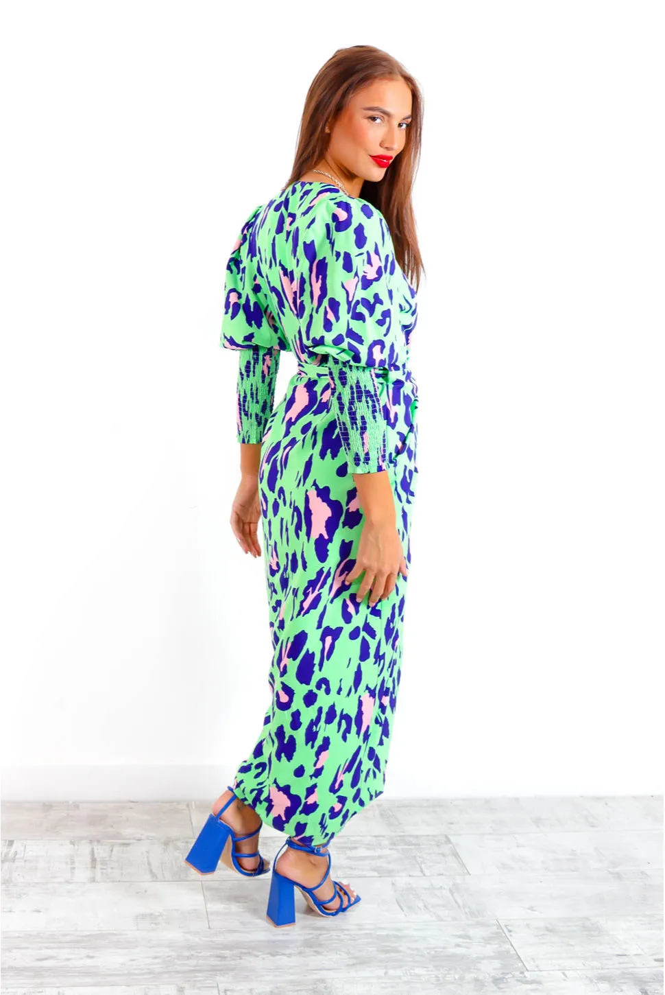 Drive Em Wild - Green Cobalt Leopard Midi Wrap Dress