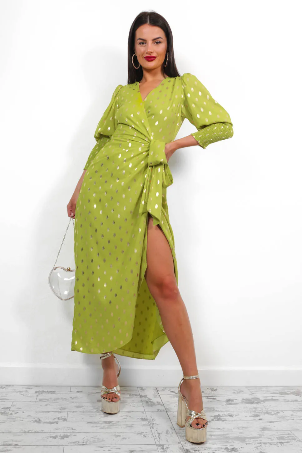 Drive Em Wild - Lime Gold Foil Midi Wrap Dress