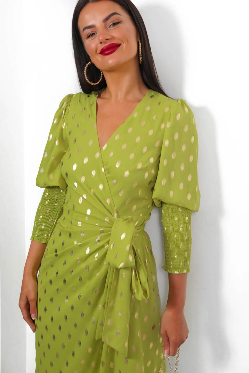 Drive Em Wild - Lime Gold Foil Midi Wrap Dress