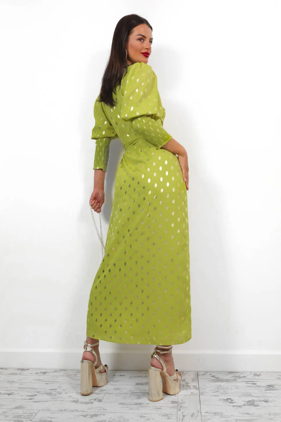 Drive Em Wild - Lime Gold Foil Midi Wrap Dress