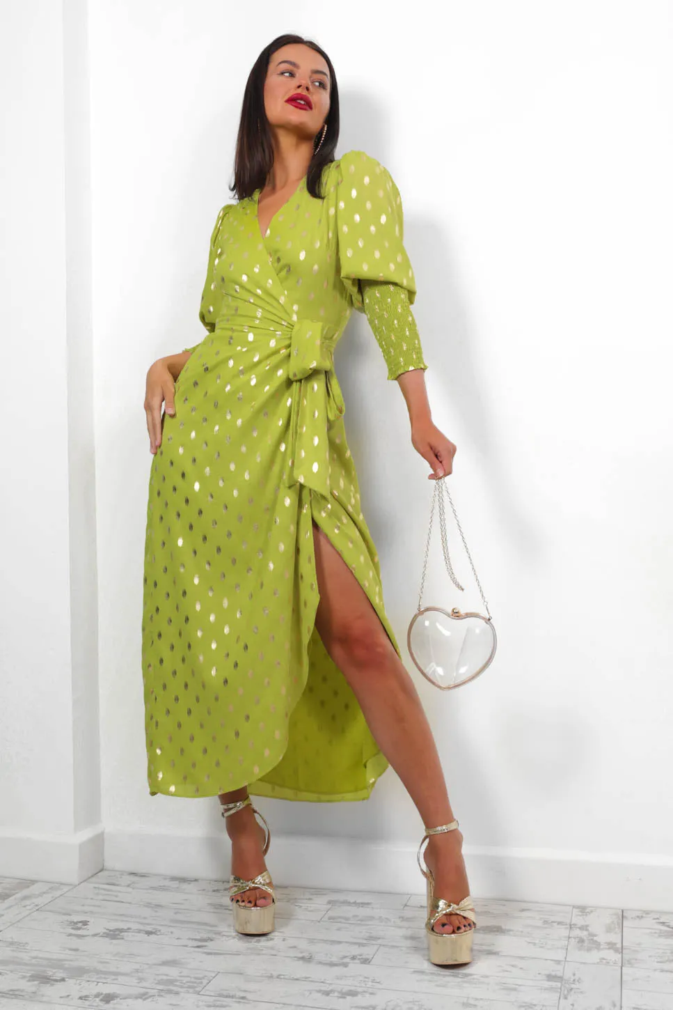 Drive Em Wild - Lime Gold Foil Midi Wrap Dress