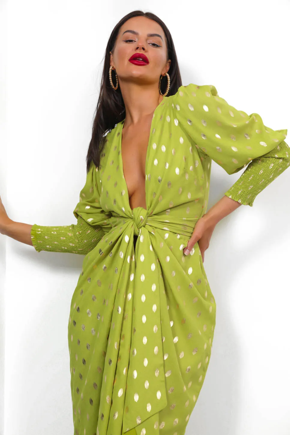 Drive Em Wild - Lime Gold Foil Midi Wrap Dress