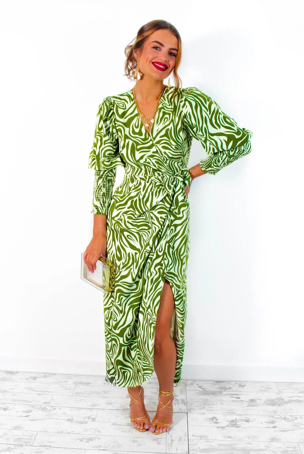 Drive Em Wild - Olive Green White Zebra Print Midi Wrap Dress