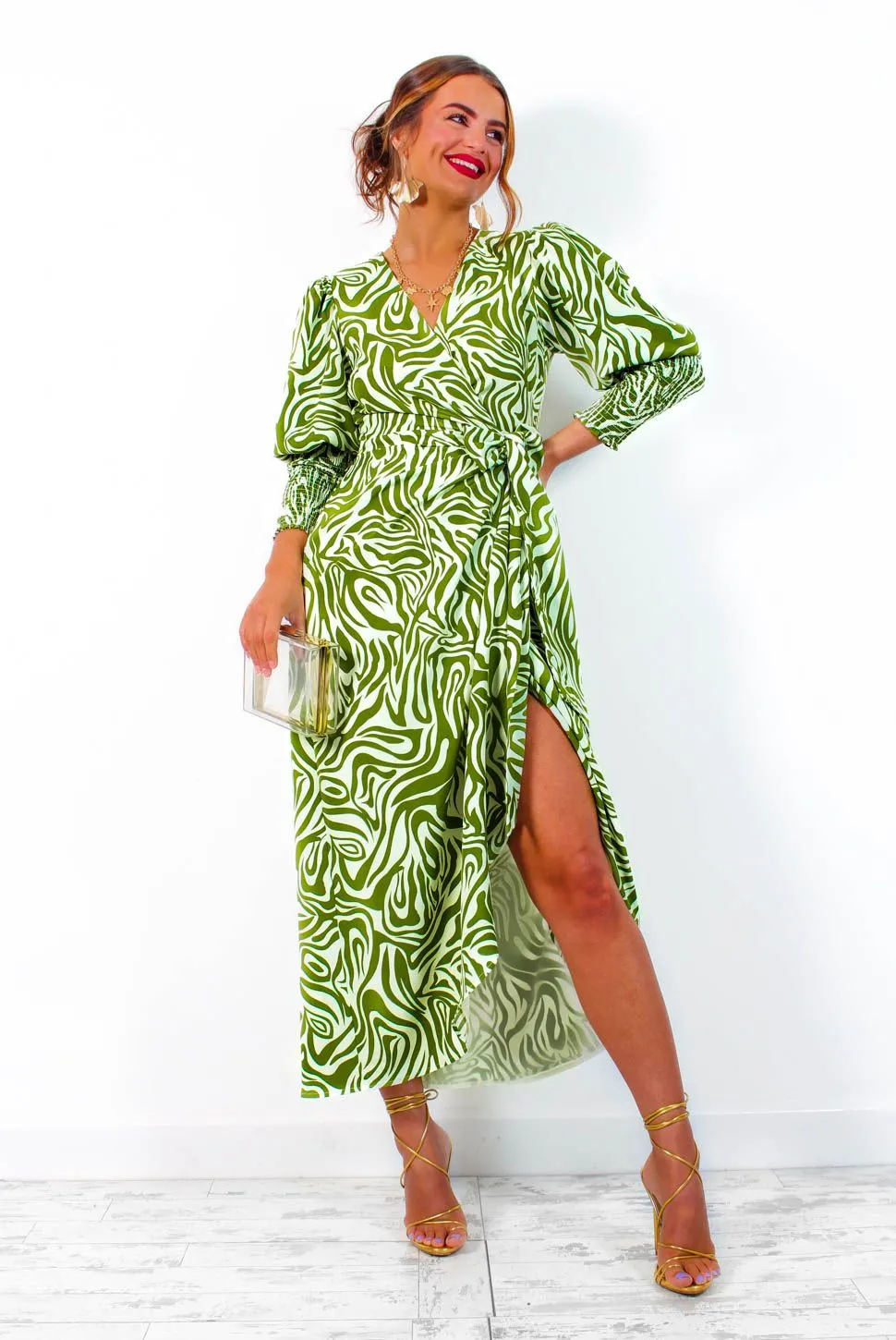 Drive Em Wild - Olive Green White Zebra Print Midi Wrap Dress