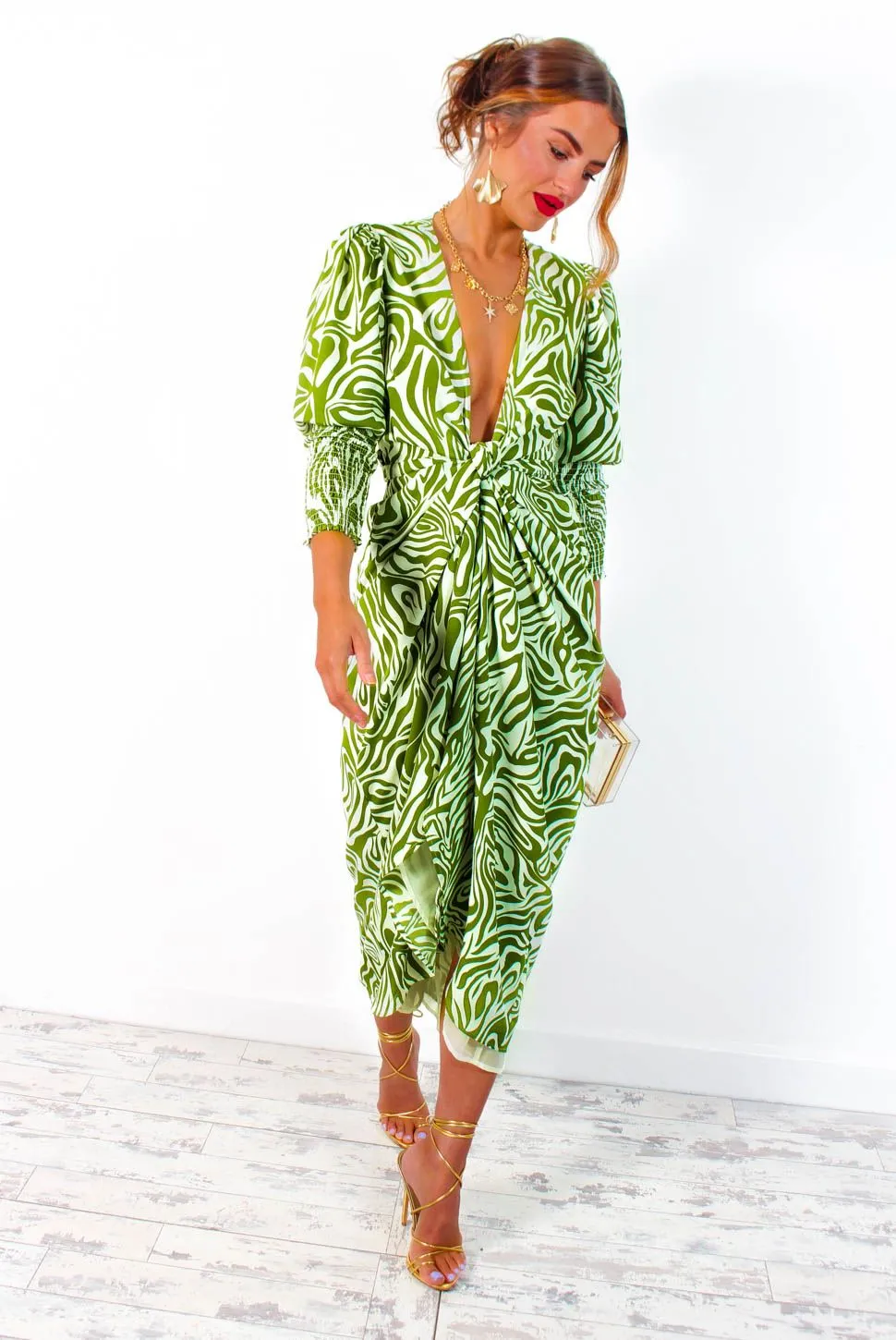 Drive Em Wild - Olive Green White Zebra Print Midi Wrap Dress