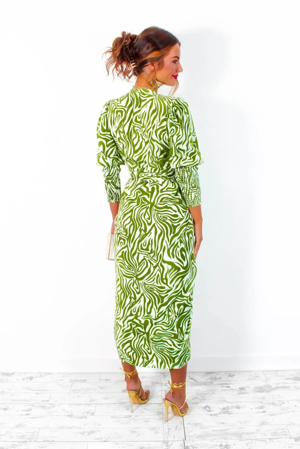 Drive Em Wild - Olive Green White Zebra Print Midi Wrap Dress