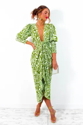 Drive Em Wild - Olive Green White Zebra Print Midi Wrap Dress