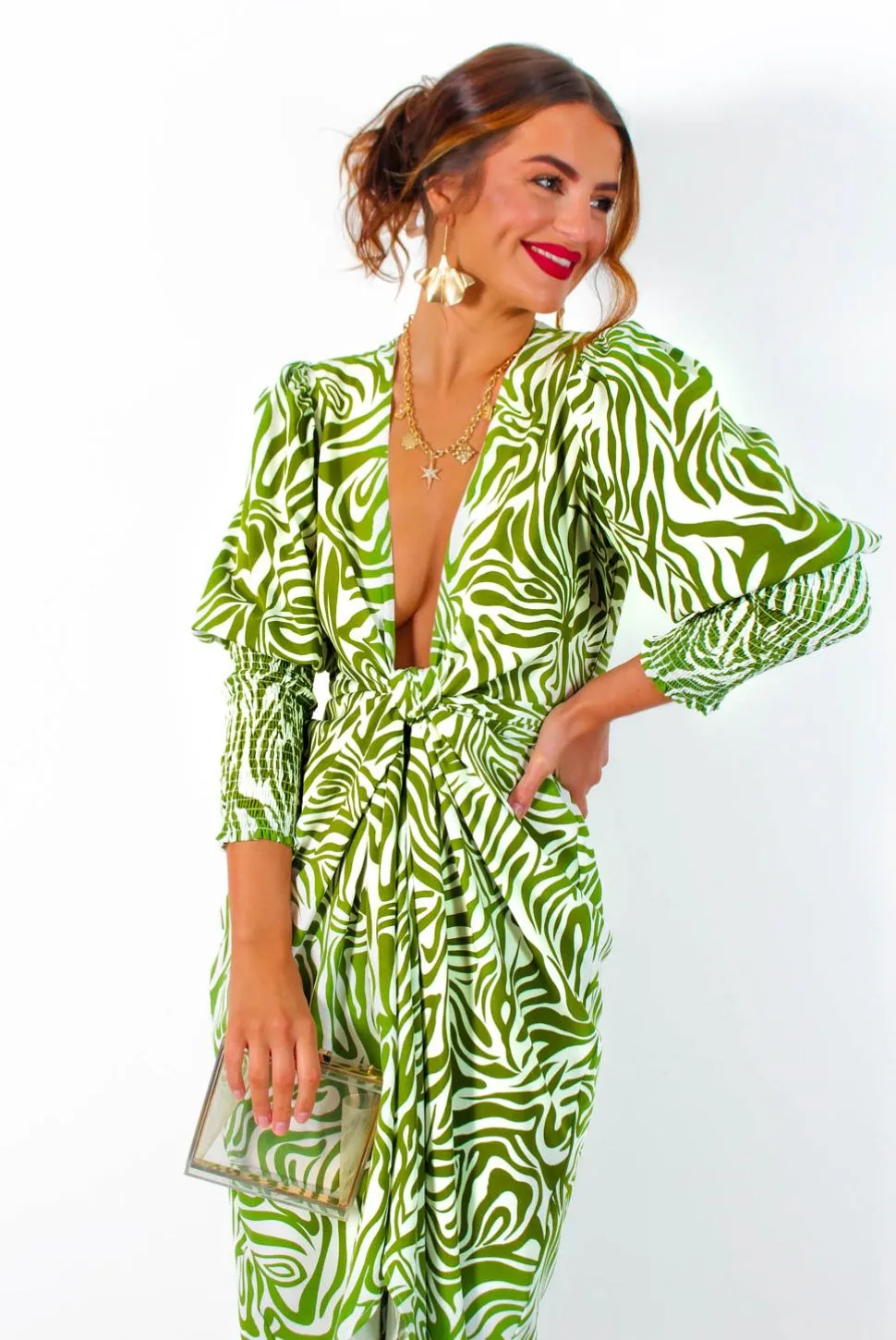 Drive Em Wild - Olive Green White Zebra Print Midi Wrap Dress