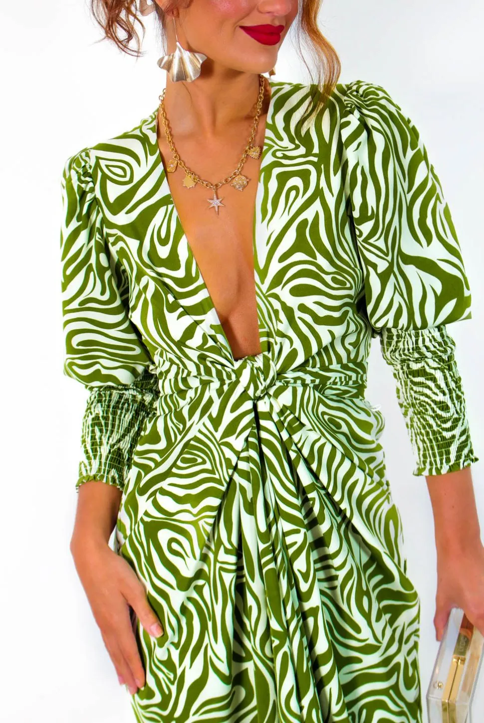 Drive Em Wild - Olive Green White Zebra Print Midi Wrap Dress