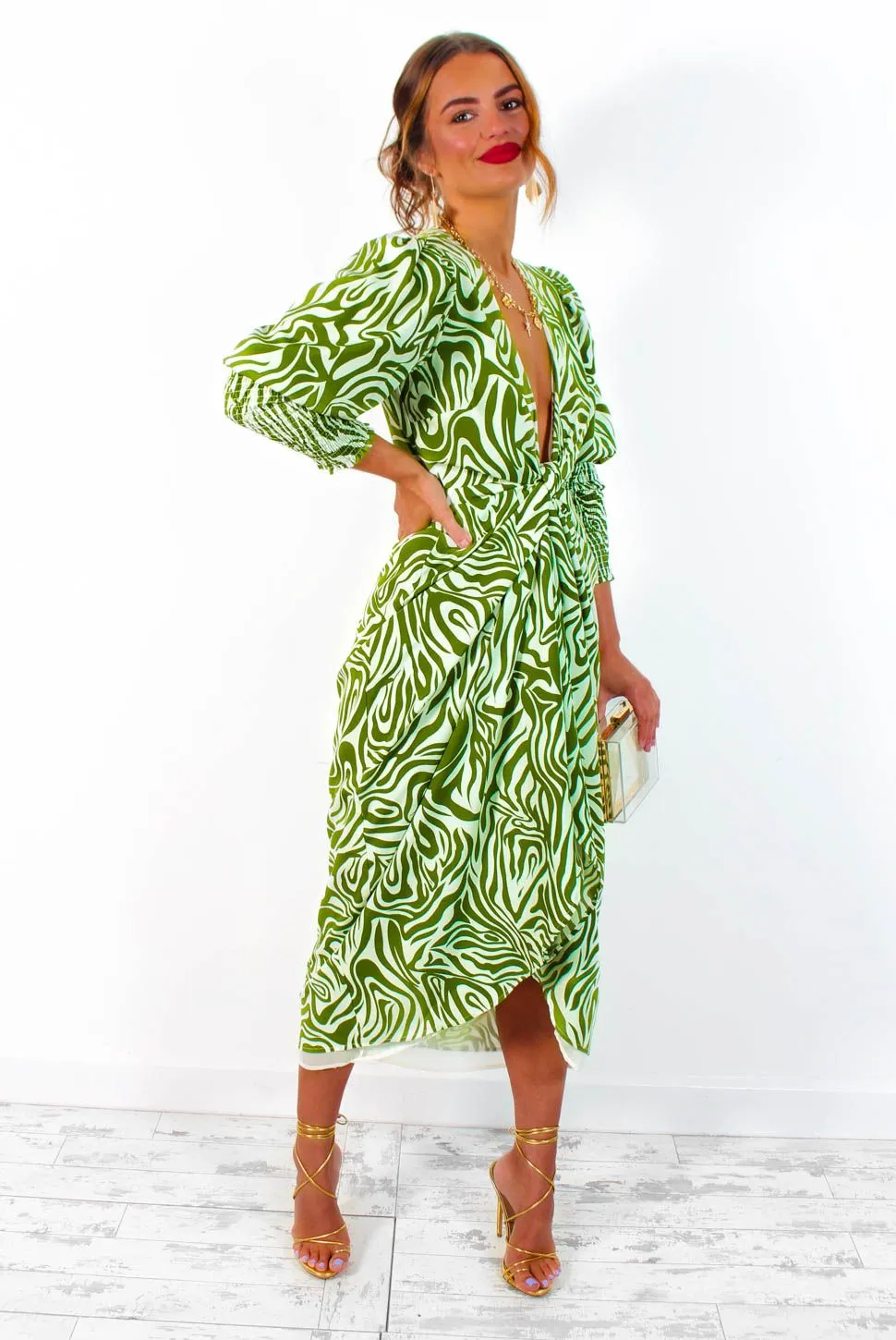 Drive Em Wild - Olive Green White Zebra Print Midi Wrap Dress