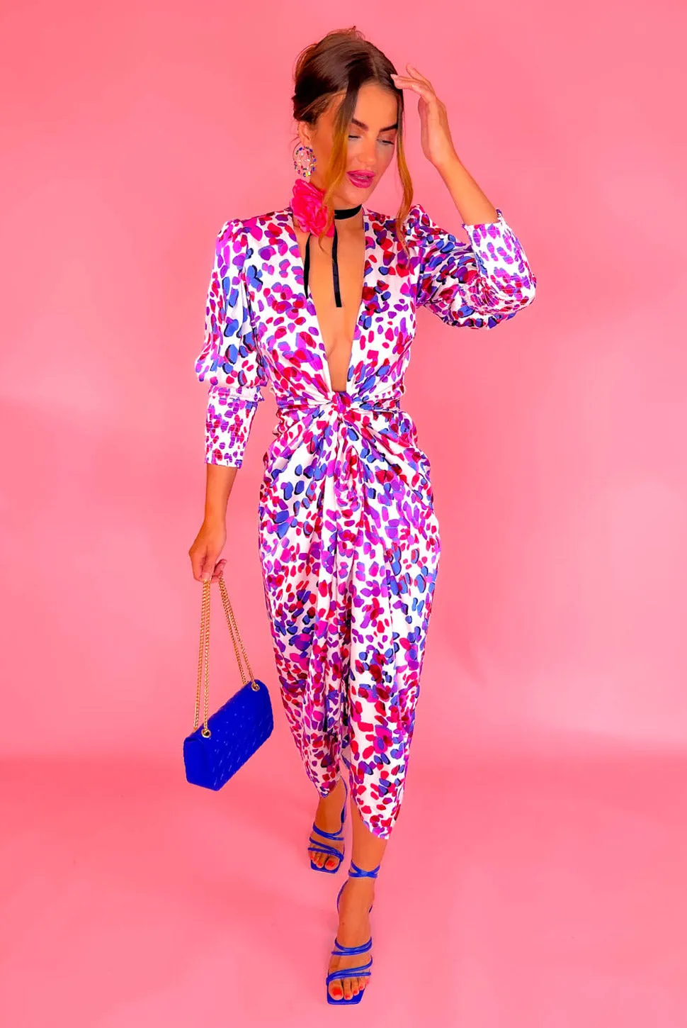 Drive Em Wild - Pink Purple Spotted Midi Wrap Dress