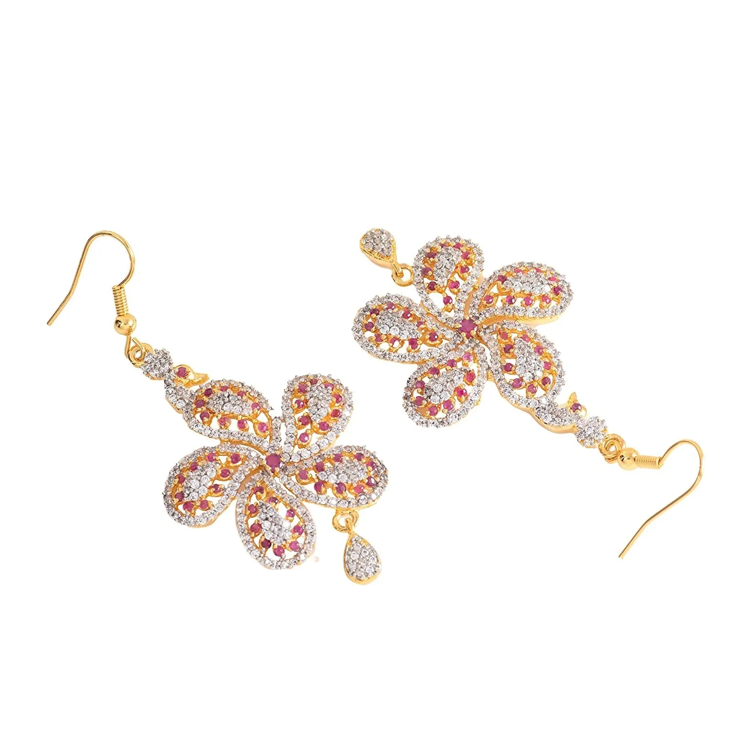 Estele Gold Plated American Diamond Peacock Flower Dangle Earrings for women