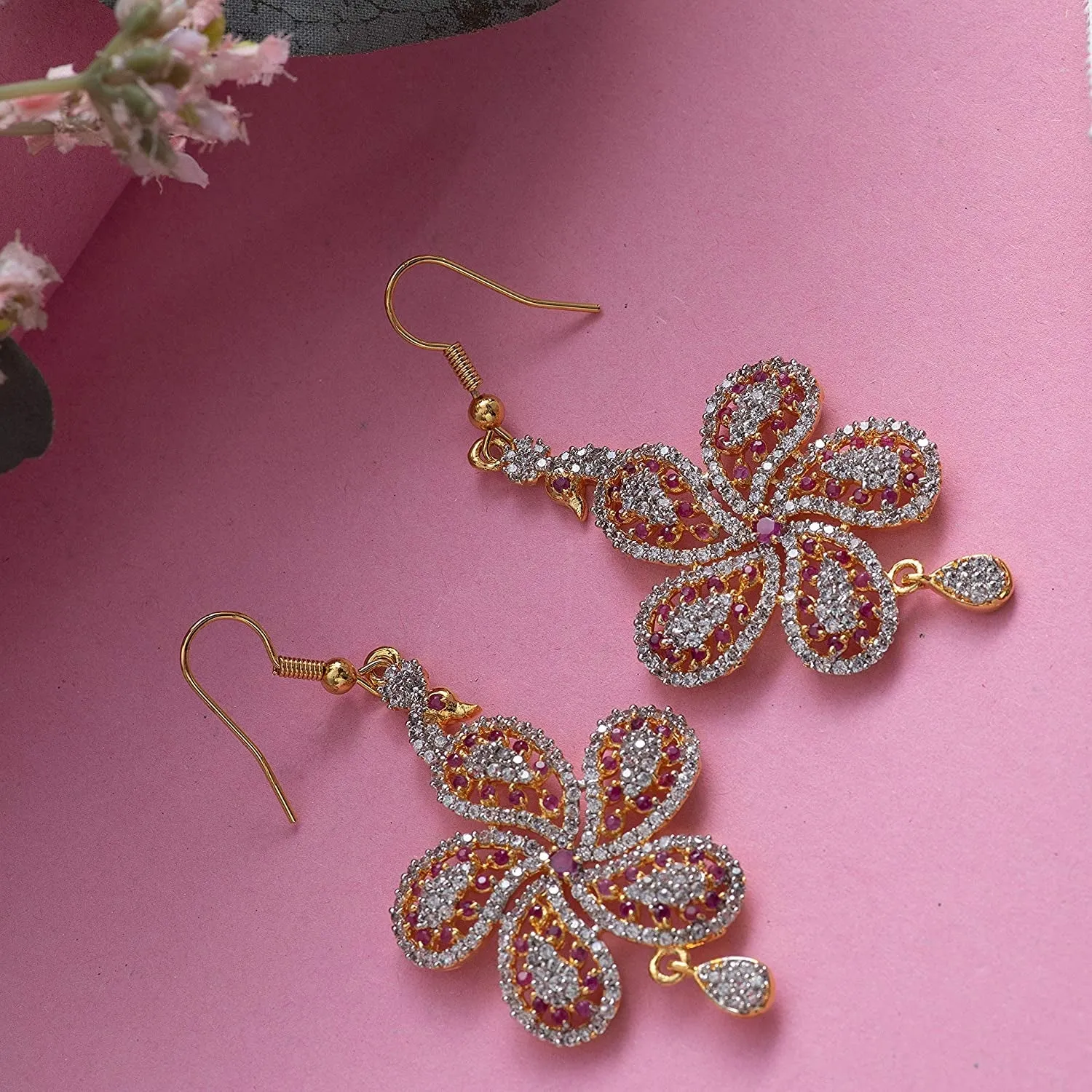 Estele Gold Plated American Diamond Peacock Flower Dangle Earrings for women