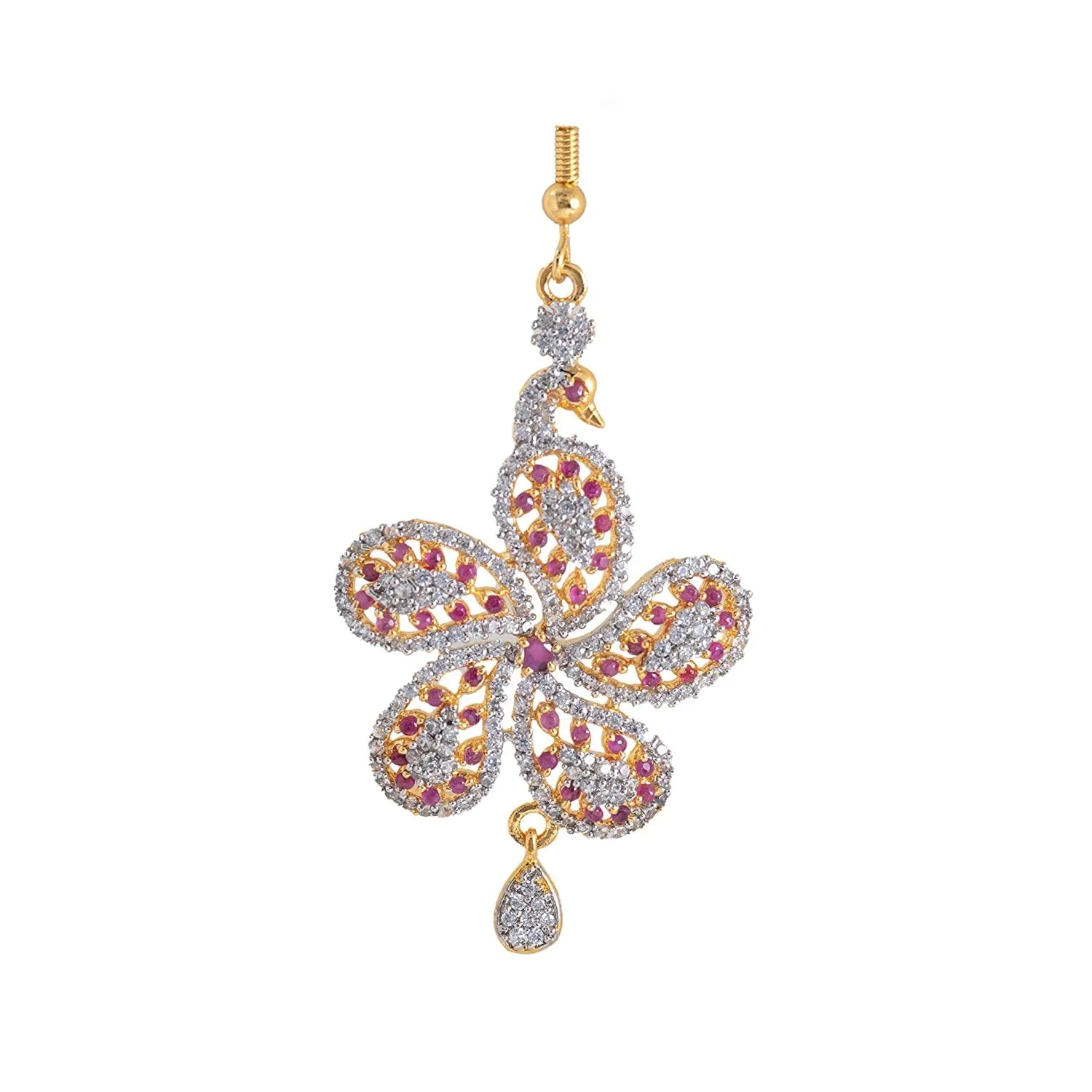 Estele Gold Plated American Diamond Peacock Flower Dangle Earrings for women