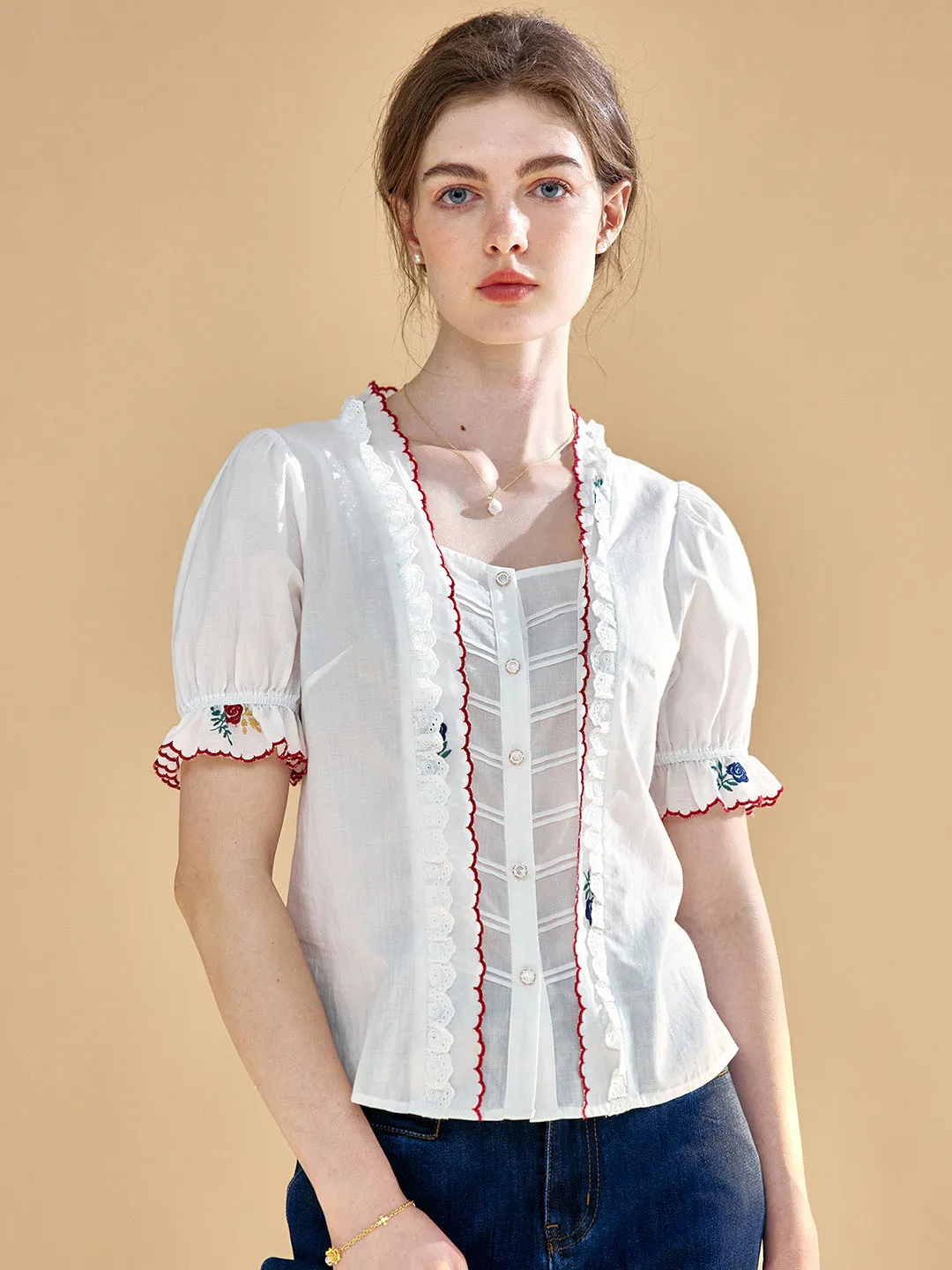 【Final Sale】Rivka Embroidered Lace Cotton White Blouse