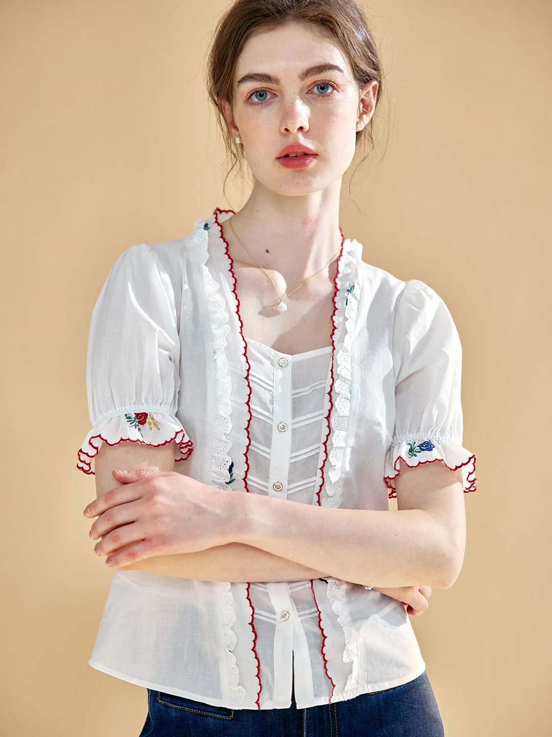 【Final Sale】Rivka Embroidered Lace Cotton White Blouse