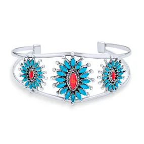 Floral Cluster Native American Coral Turquoise Pendant Cuff Bracelet