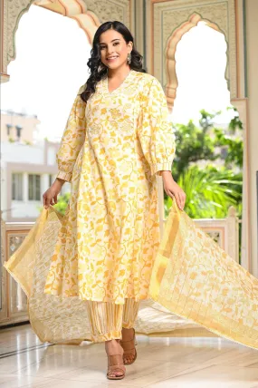 Flower Print V-Neck Dupatta Kurtis Set