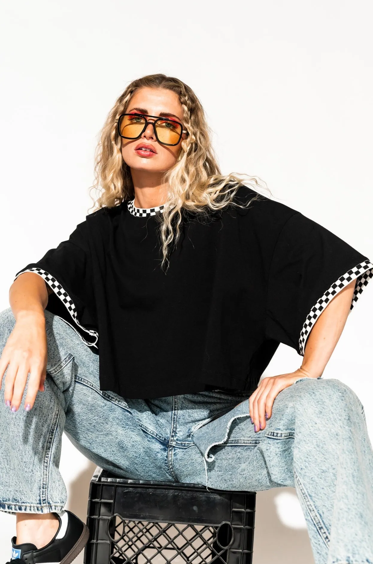 Frankie Cropped Tee in Black   Checkerboard