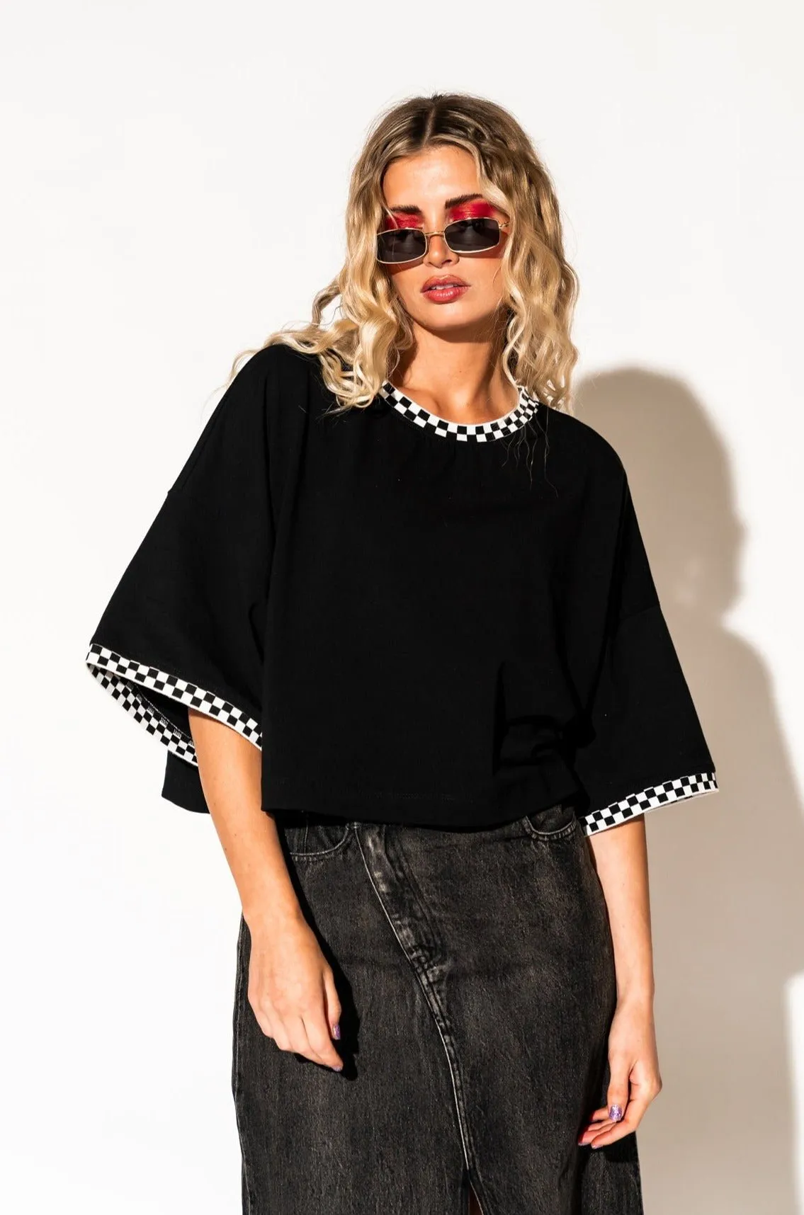 Frankie Cropped Tee in Black   Checkerboard