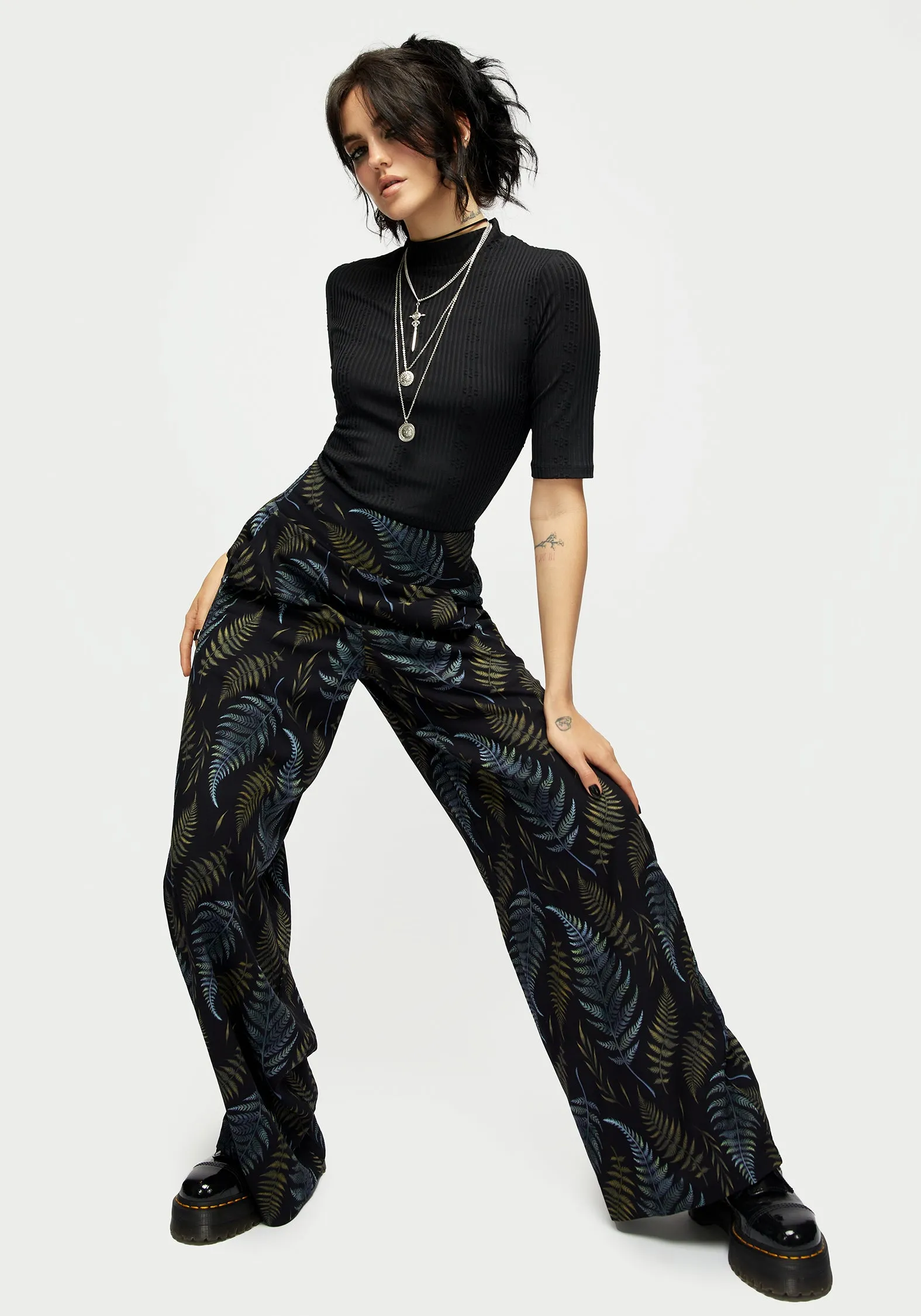 Frond Print Wide Leg Smocked Trouser