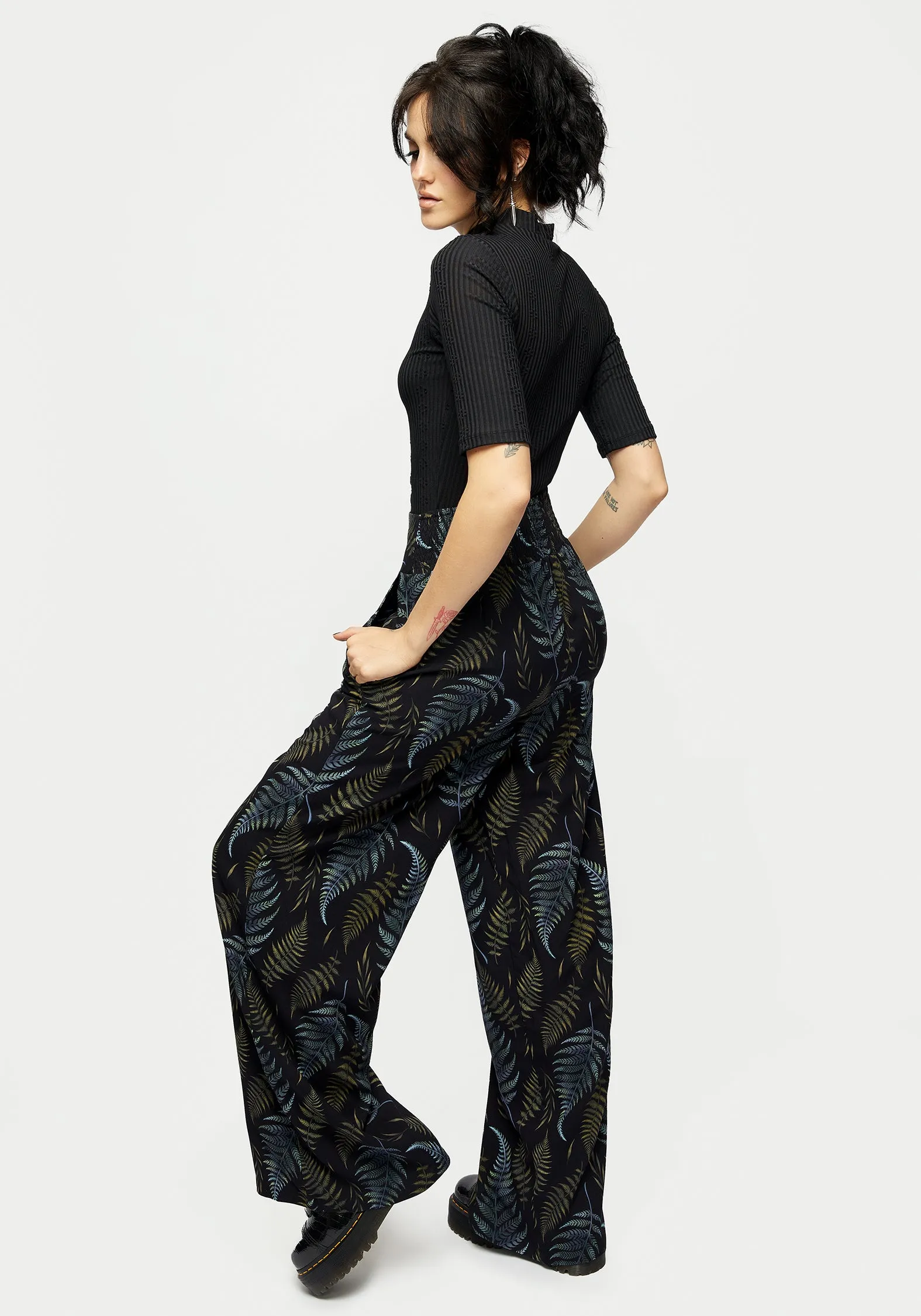 Frond Print Wide Leg Smocked Trouser