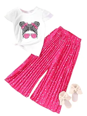 Girls Fashion Short Sleeved T-Shirt   Wide Leg Pants Casual Two-Piece Set Kids Clothes