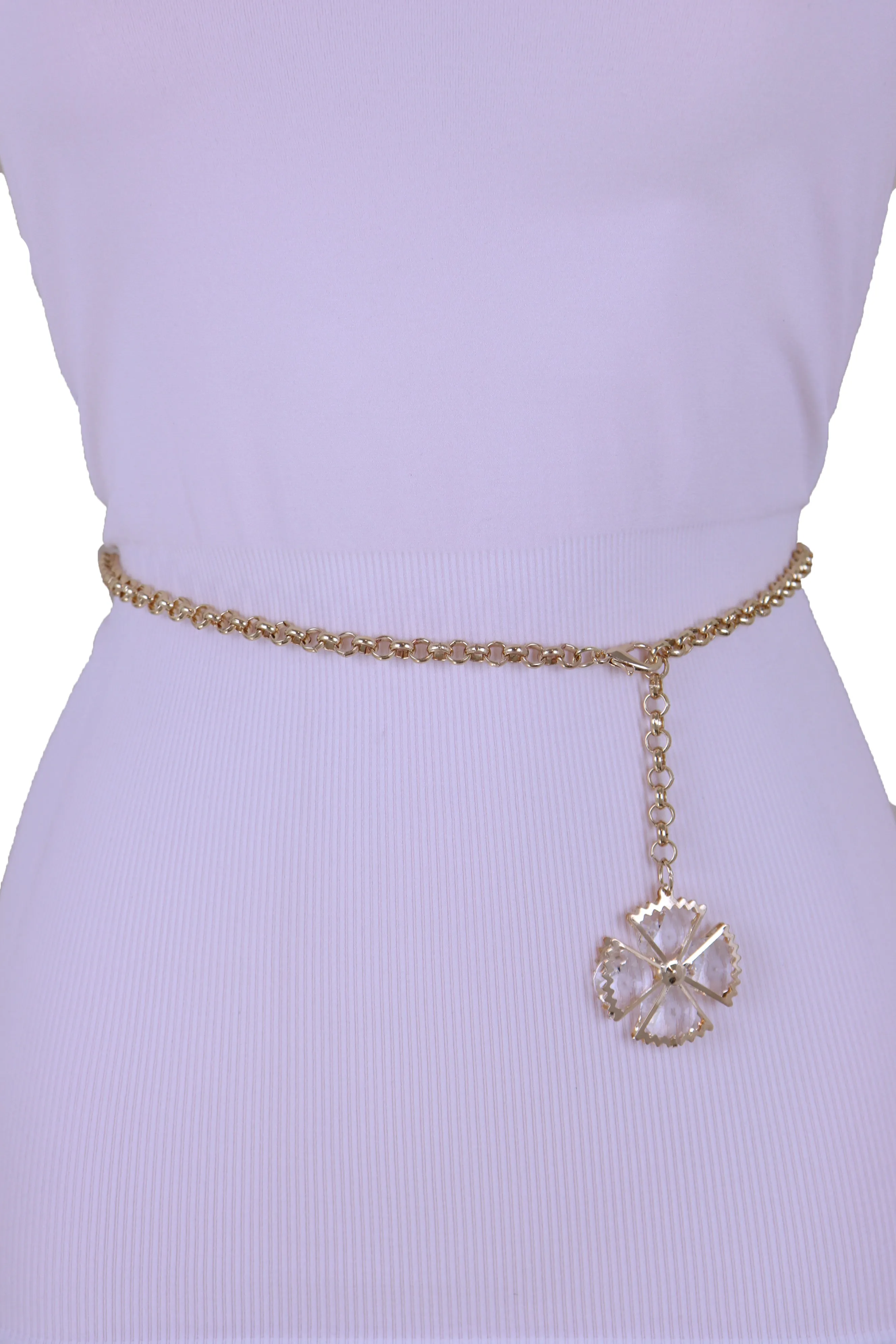 Gold Metal Chain Skinny Waistband Fashion Belt Flower Charm Plus XL XXL