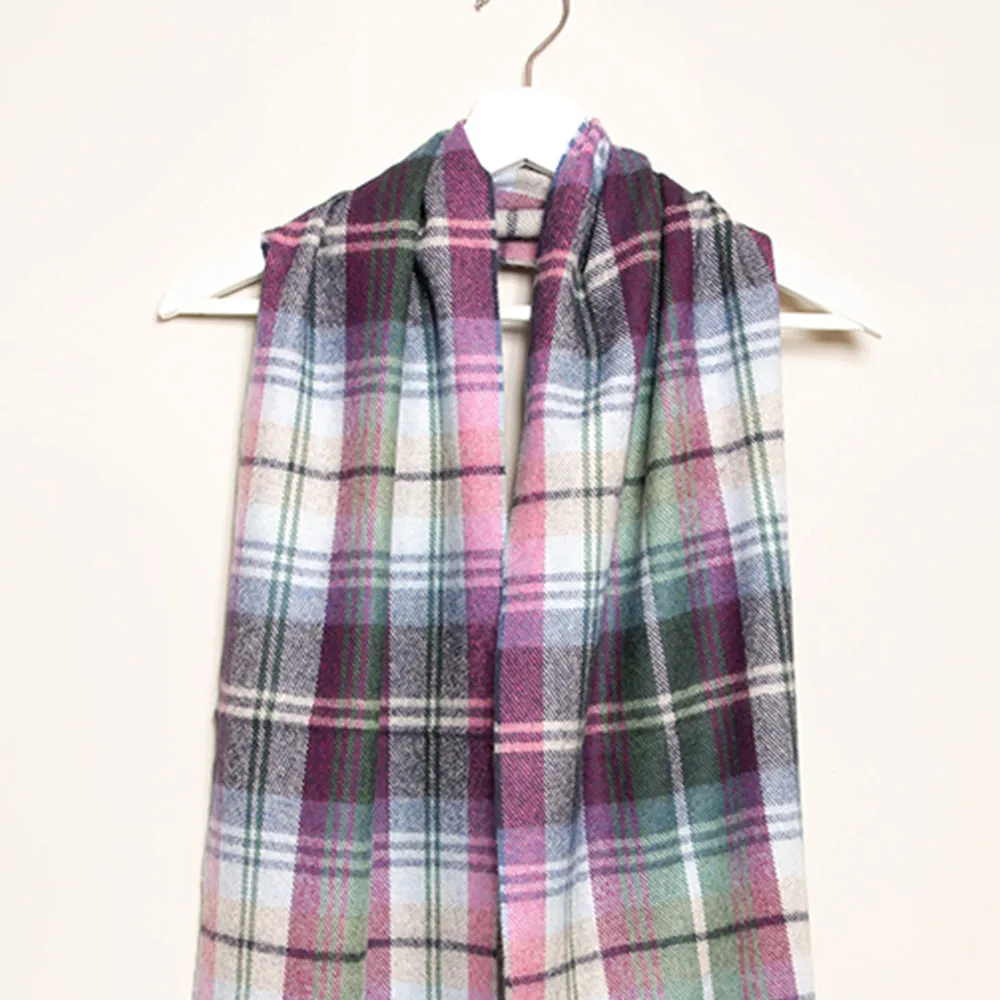 Green Blue Pink Check Merino Wool Scarf