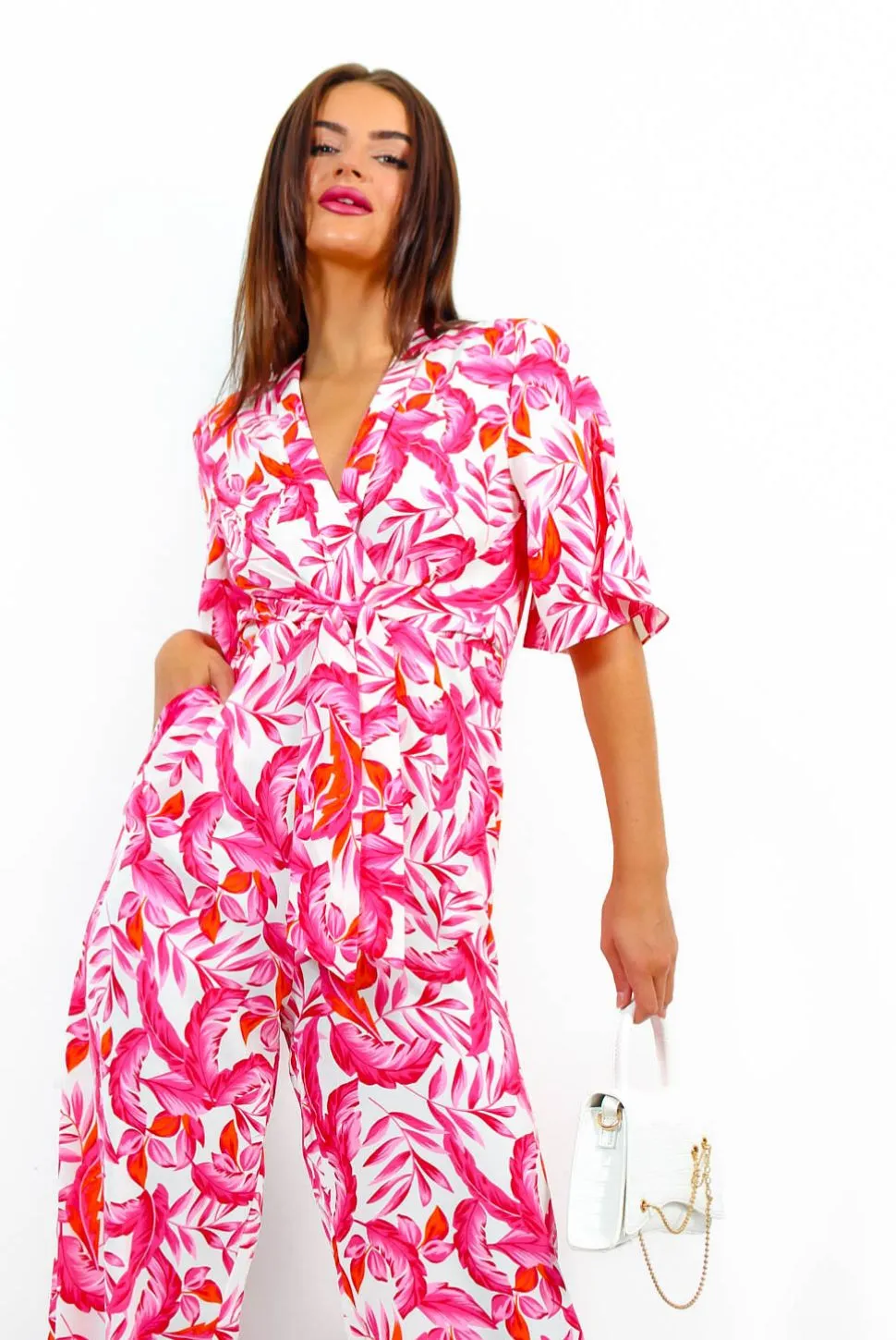 Knot Basic - Pink Multi Tropical Print Jumpsuit