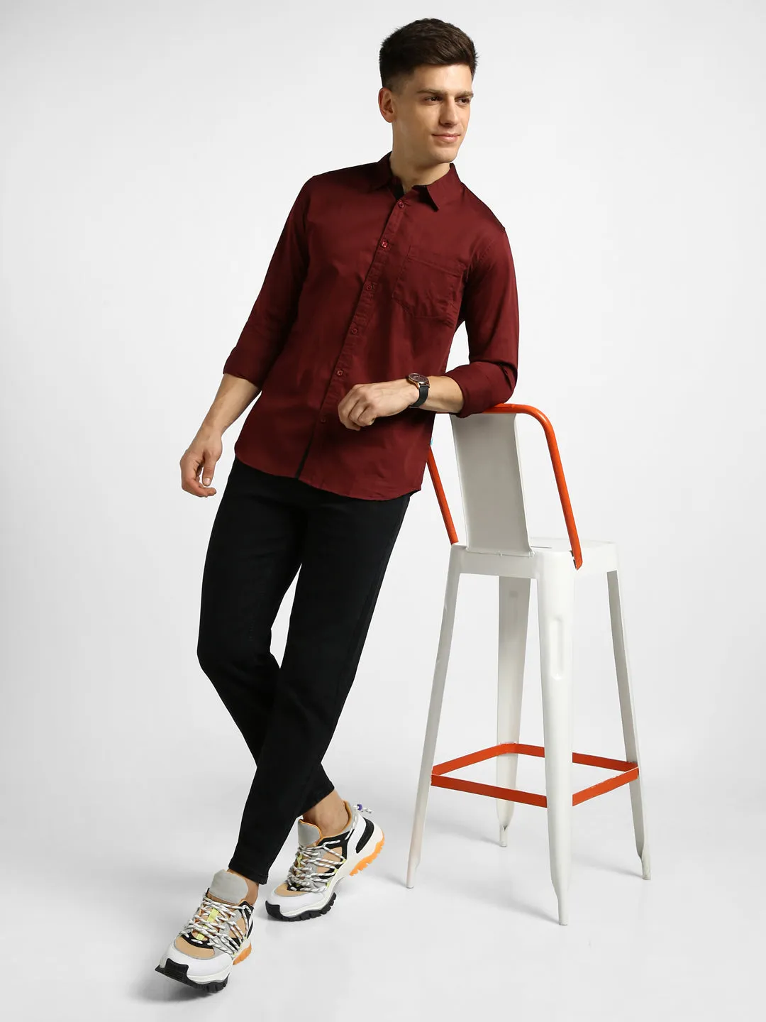 Men's Maroon Cotton Full Sleeve Slim Fit Casual Solid Shirt