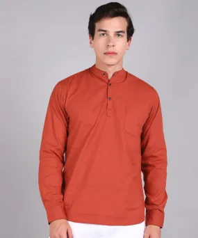 Men's Orange Cotton Full Sleeve Slim Fit Solid Shirt with Mandarin Collar