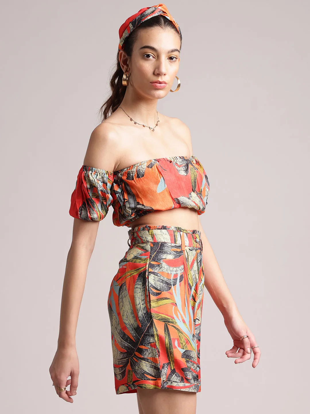 Orange Muslin Tropical Off Shoulder Co-ord Set