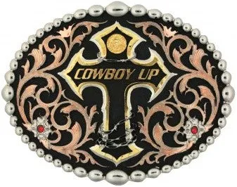 "Cowboy Up" Western Tri-Color Belt Buckle